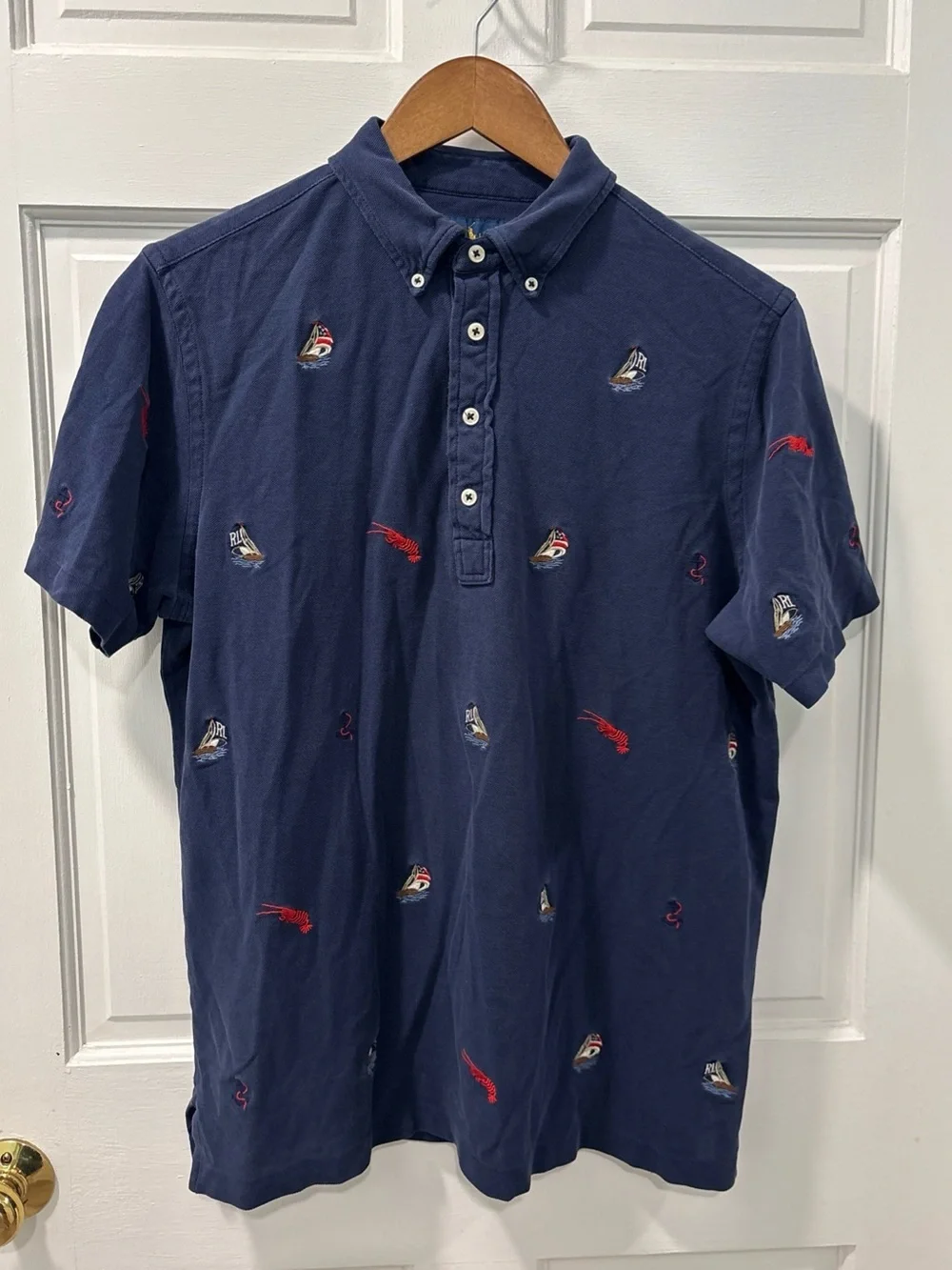 Ralph Lauren Men’s Navy Knit Oxford Polo Size M Nautical Lobsters Preppy EUC